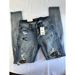 Judy Blue Distressed Skinny Jeans with Leopard Accents - Blue